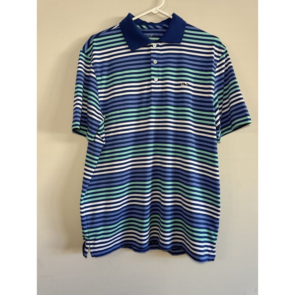 Vineyard Vines Shirt Men M Blue Green Stripe Porter‎ Performance Golf Stretch